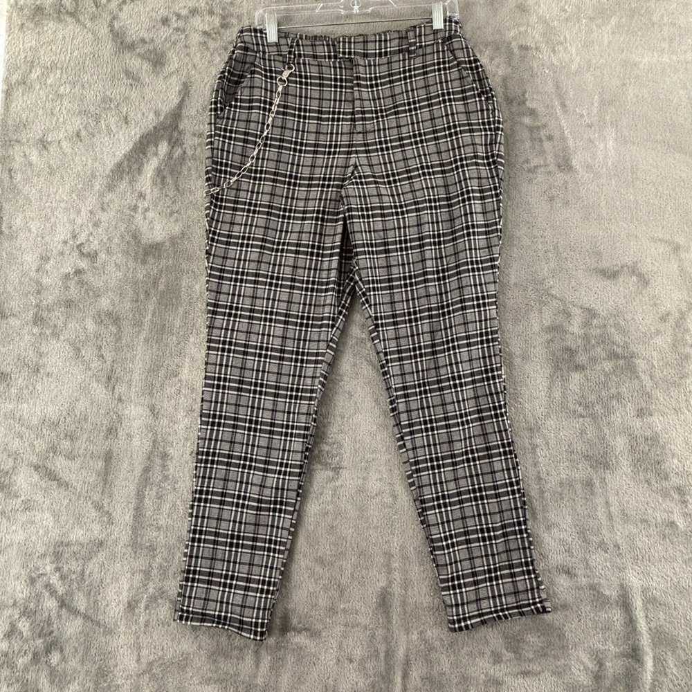 Hot Topic Plaid Chain Pants Womens L Black White High Rise Taper 28" Inseam
